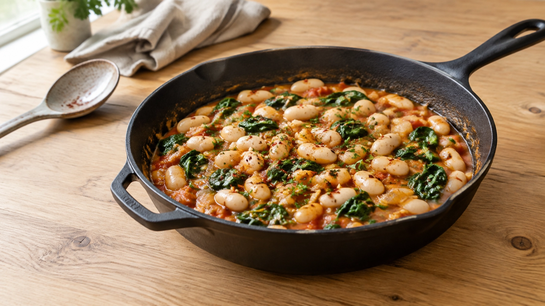 One-pot white bean and spinach skillet with tomato sauce in a black cast-iron pan