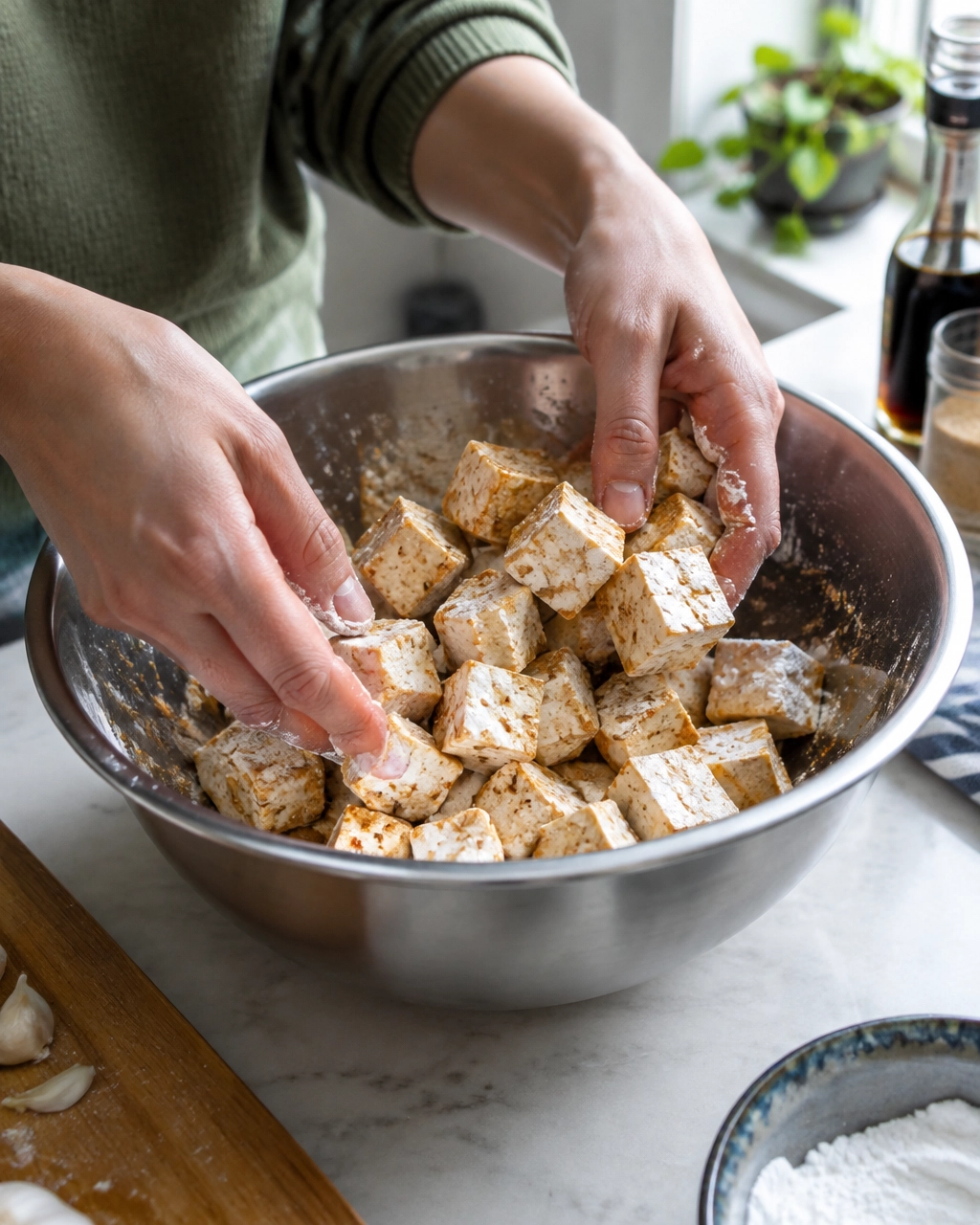 Tofu cubes being coated with seasoning and cornstarch in a mixing bowl
