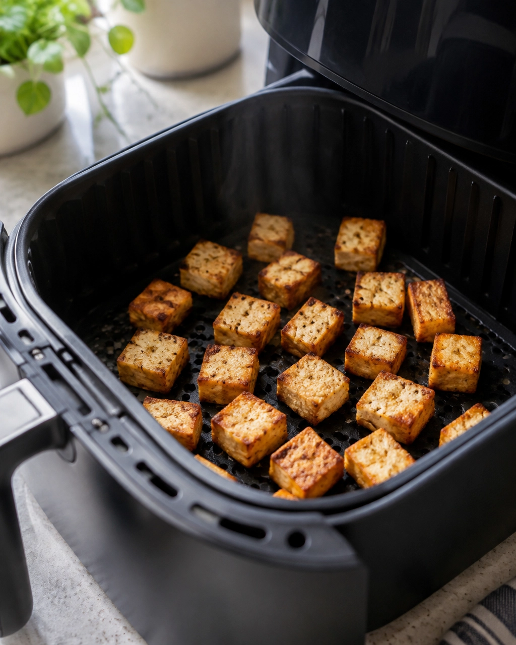 Crispy tofu cubes arranged in a single layer inside an air fryer basket