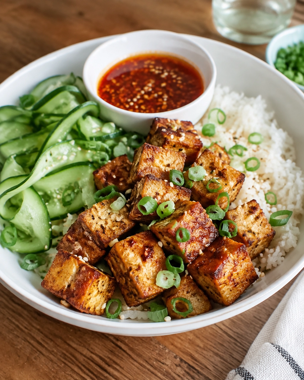 Crispy air fryer tofu served with rice, cucumber, spring onions, sesame seeds, and dipping sauce