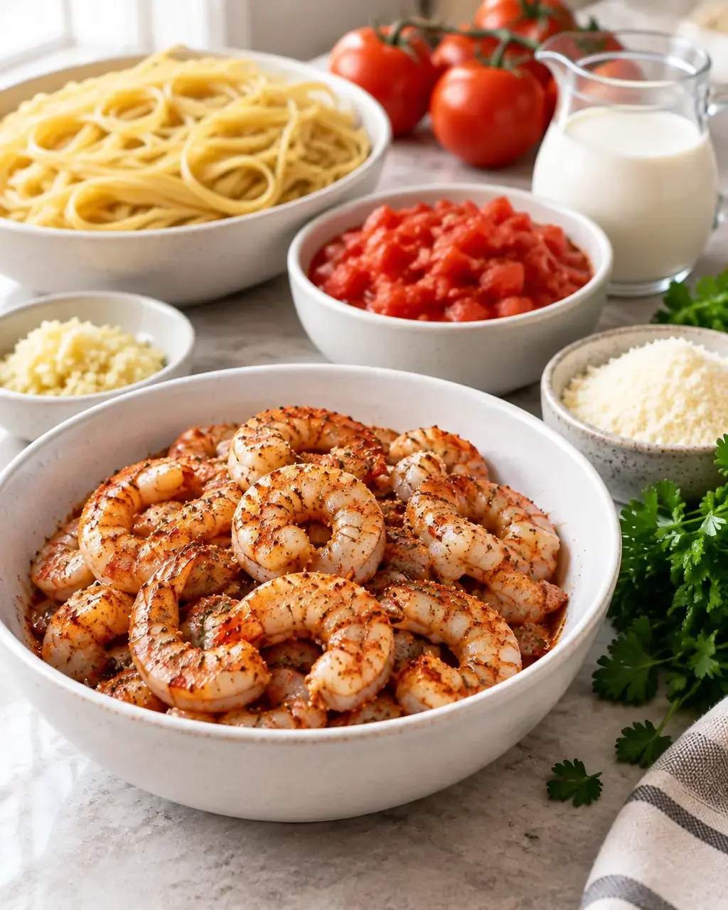 Ingredients for creamy Cajun shrimp pasta arranged on a kitchen counter