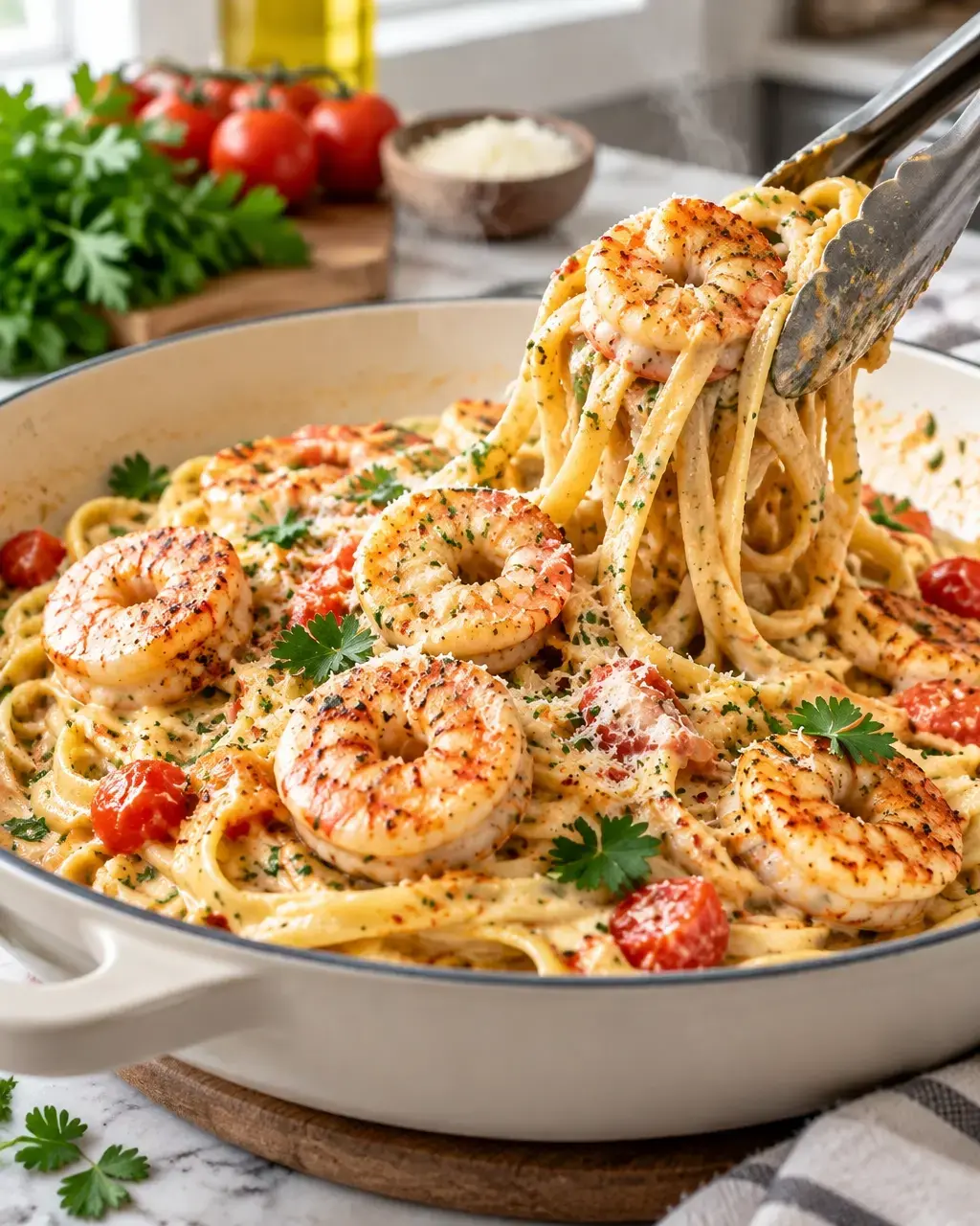 Creamy Cajun shrimp linguine being tossed with Parmesan sauce and parsley