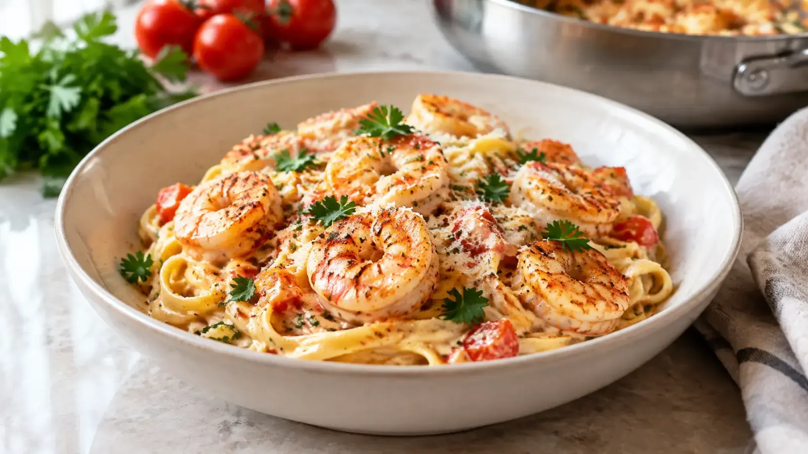 Creamy Cajun shrimp pasta with linguine, tomatoes, Parmesan, and parsley in a cream ceramic bowl