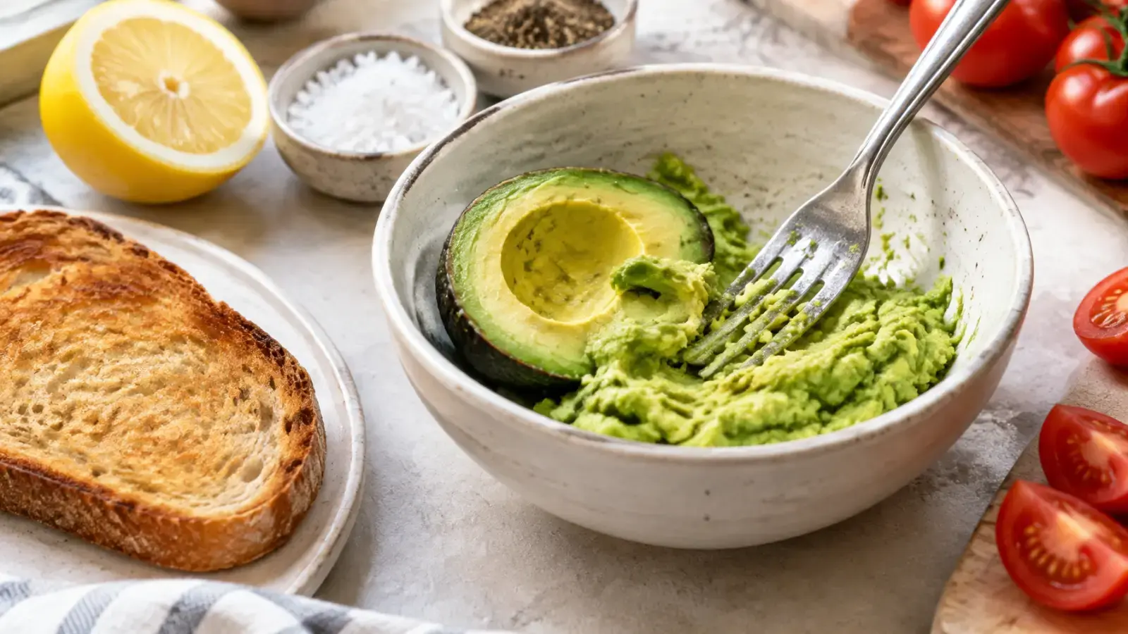 Ripe avocado being mashed with a fork beside toast and lemon
