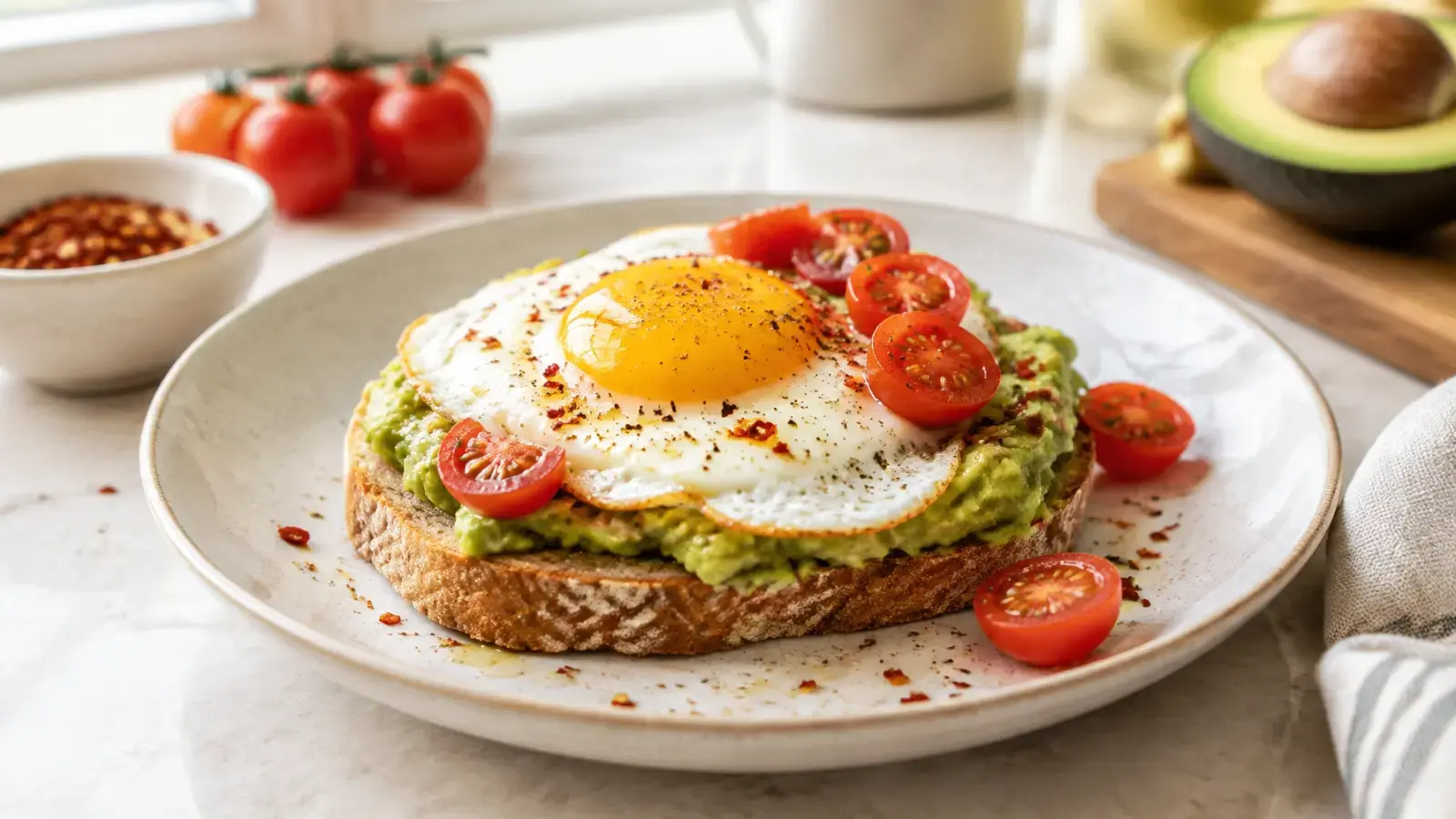 Avocado toast topped with a fried egg, chili flakes, and tomatoes
