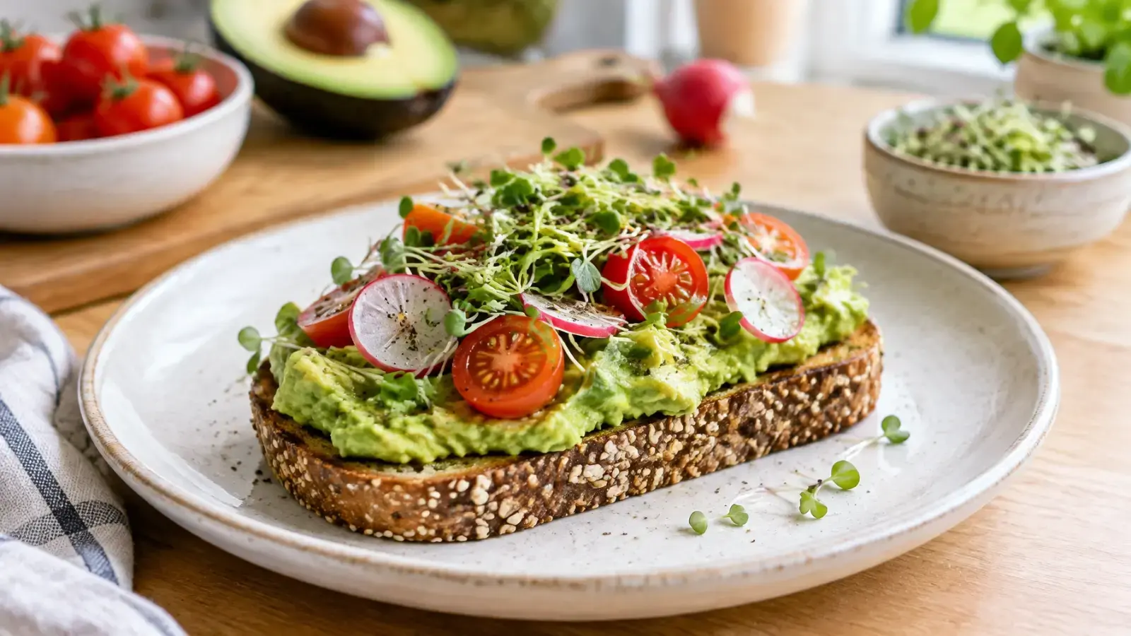Avocado toast with cherry tomatoes, radish, and sprouts
