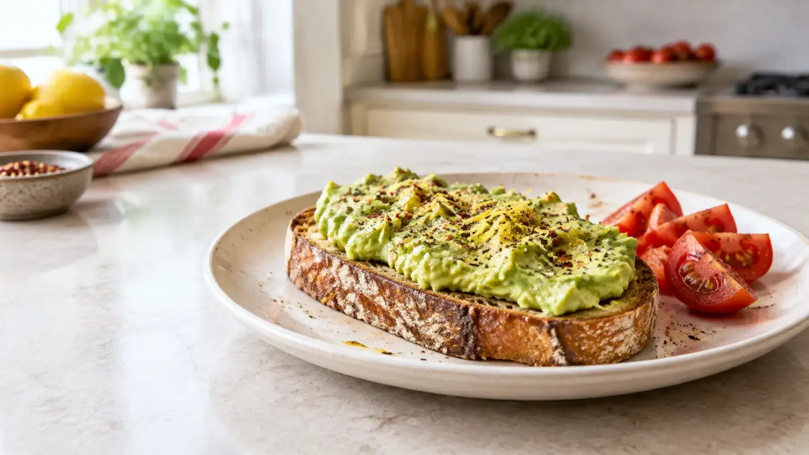 Golden sourdough avocado toast with tomato wedges on a cream ceramic plate