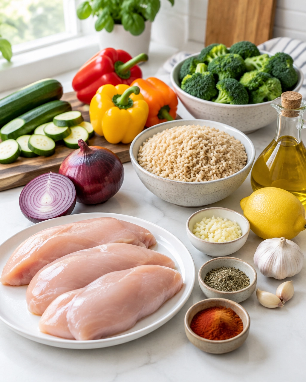 Fresh ingredients for grilled chicken and veggie bowls arranged in a real kitchen