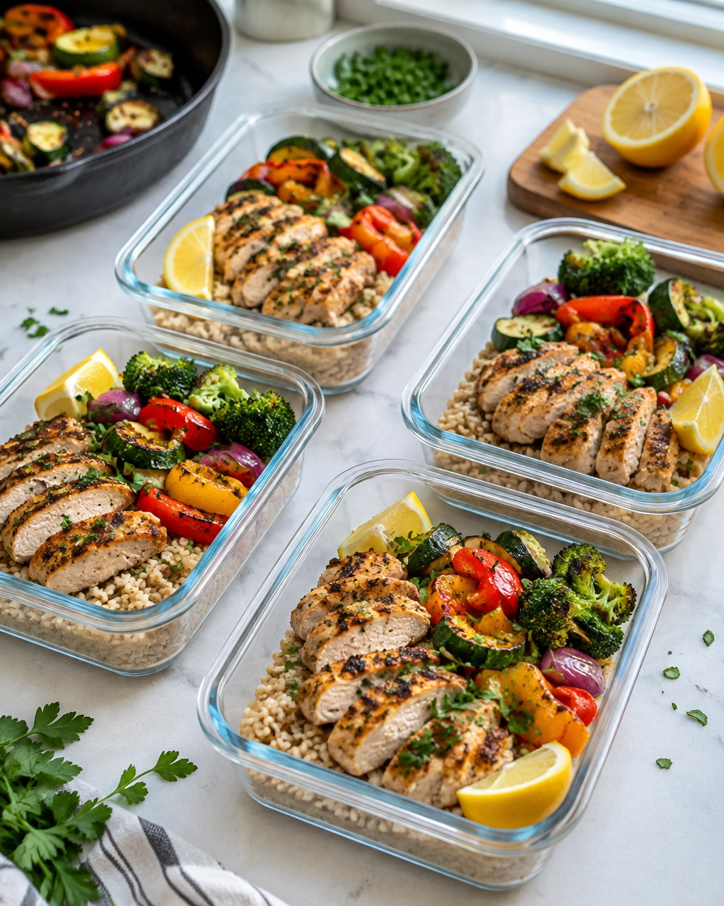 Four meal-prep containers filled with grilled chicken, brown rice and vegetables