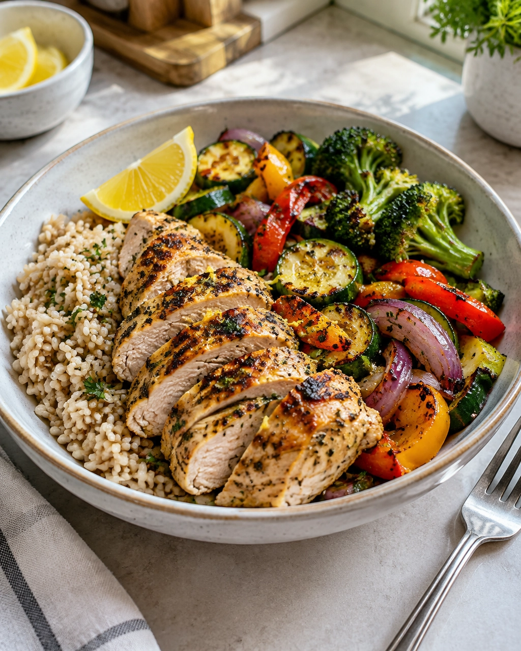 Finished grilled chicken and veggie bowl with brown rice, charred vegetables and lemon