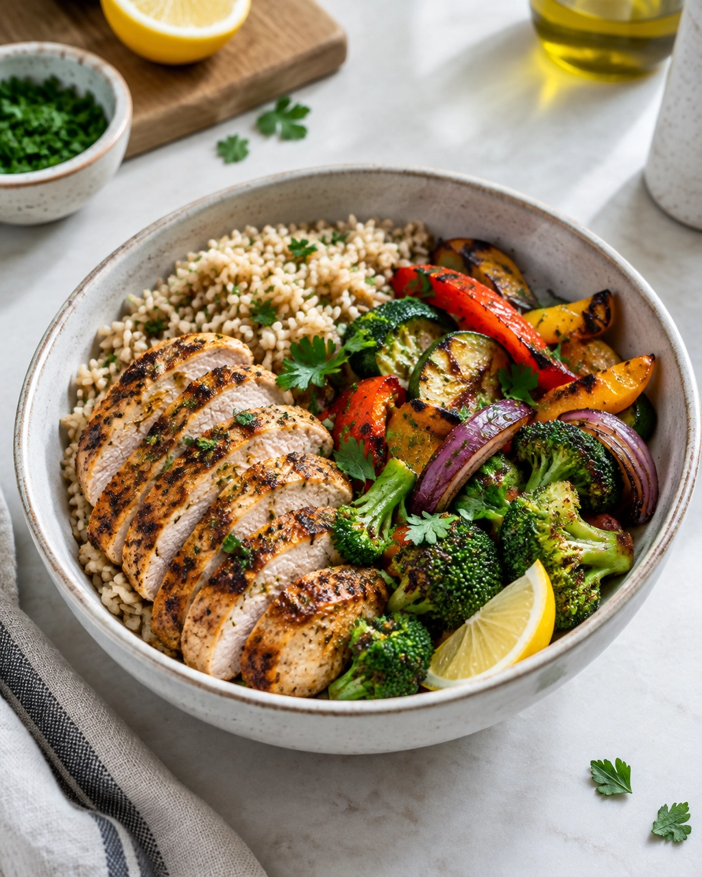 Healthy grilled chicken and veggie bowl with brown rice, charred vegetables, lemon and herbs