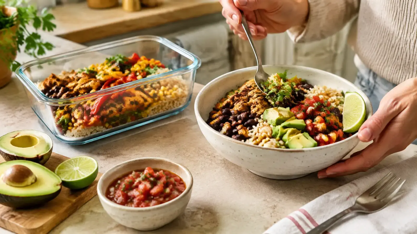 Meal-prep chicken burrito bowl with fresh avocado, salsa and lime ready to serve