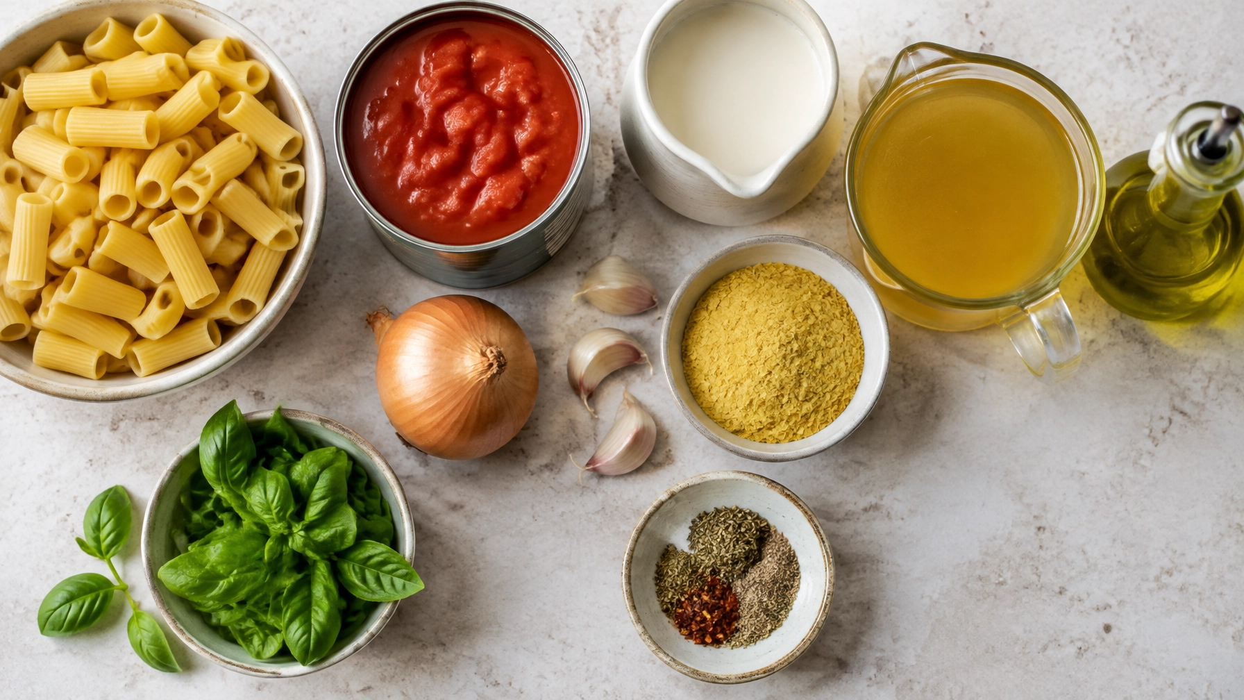 Ingredients for creamy vegan tomato pasta arranged on a kitchen worktop