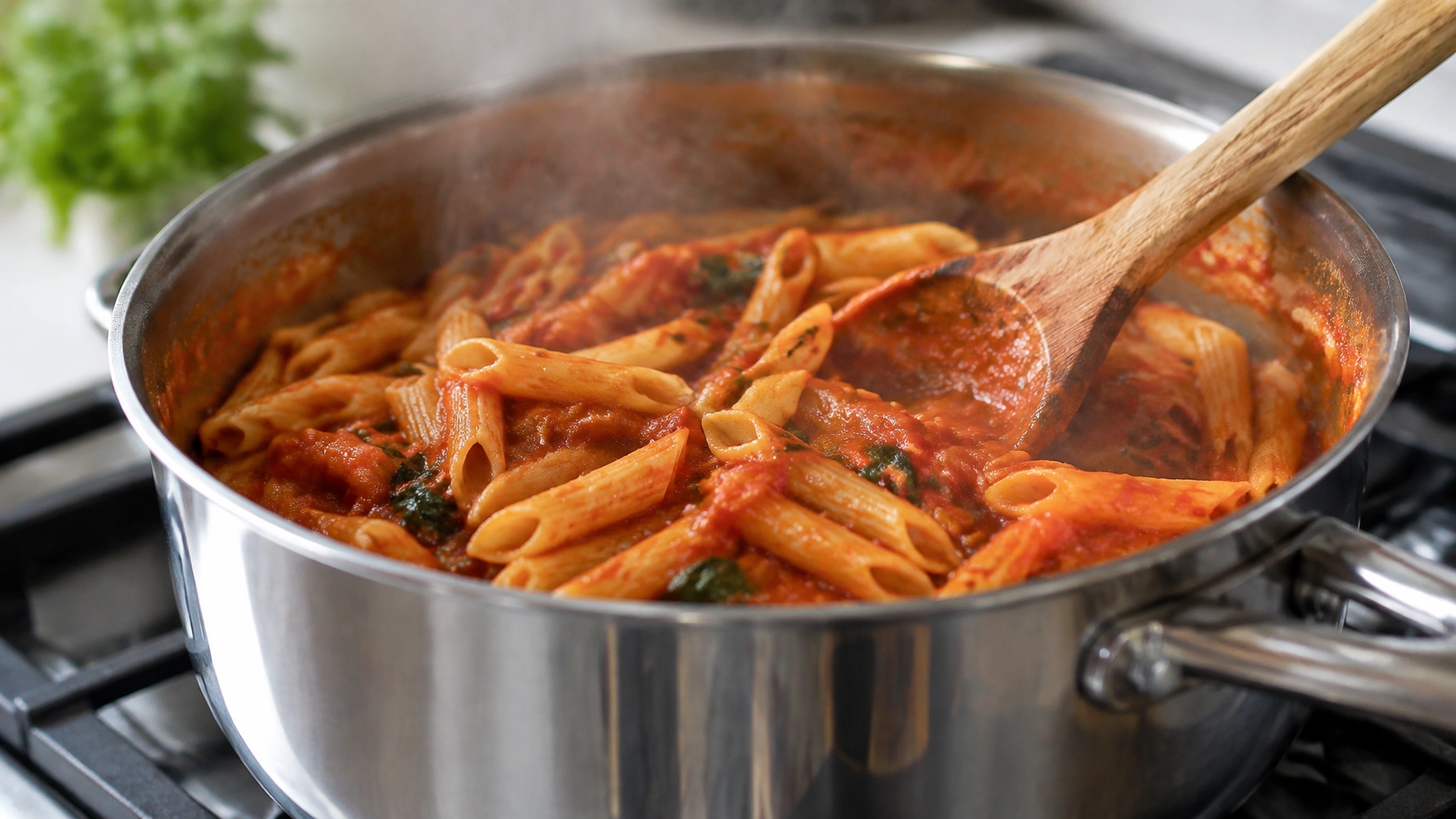 Creamy vegan tomato pasta simmering in a saucepan with a wooden spoon