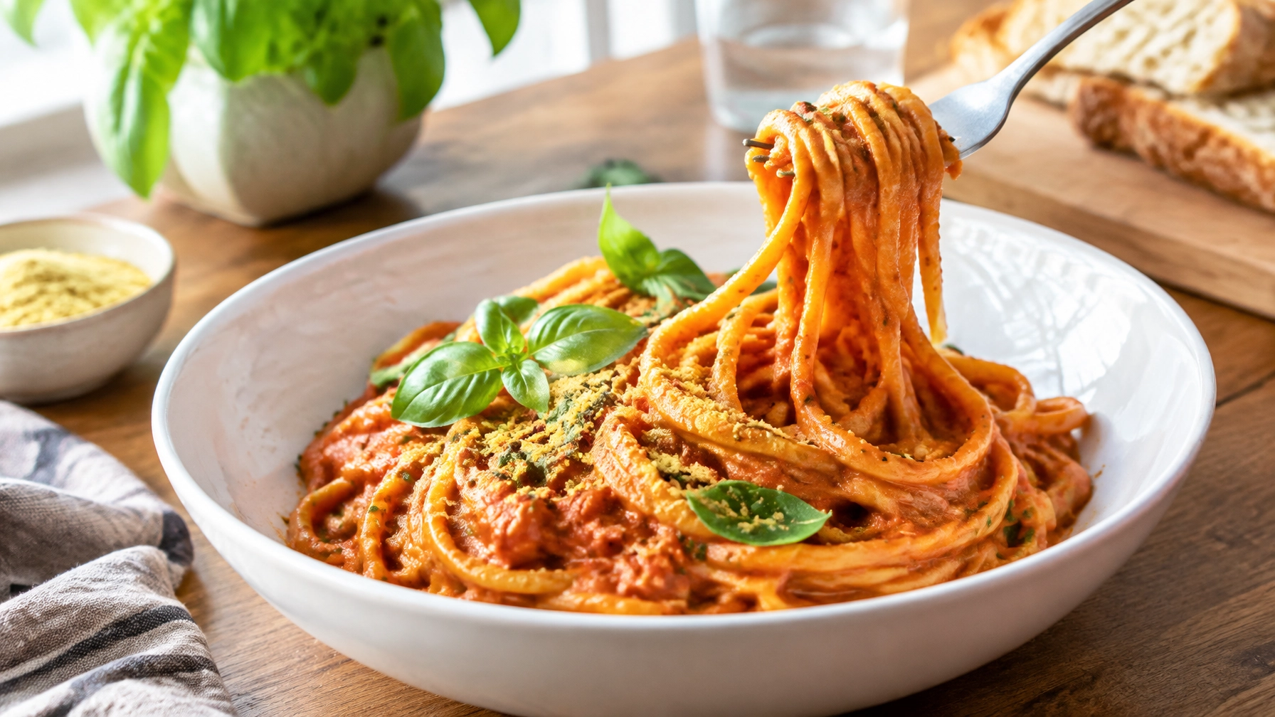 Serving of creamy vegan tomato pasta with basil and nutritional yeast