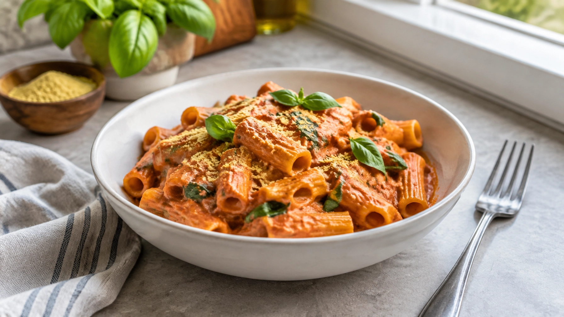 Creamy vegan tomato pasta in a white bowl with basil and nutritional yeast