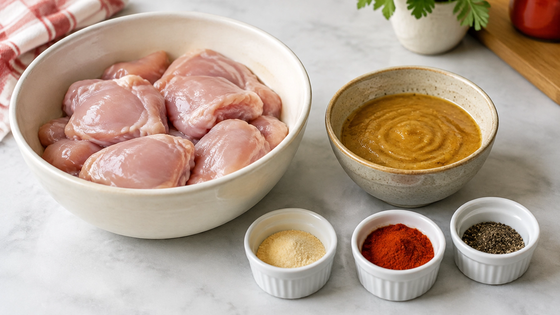 Raw chicken thighs beside a bowl of honey mustard glaze and seasonings