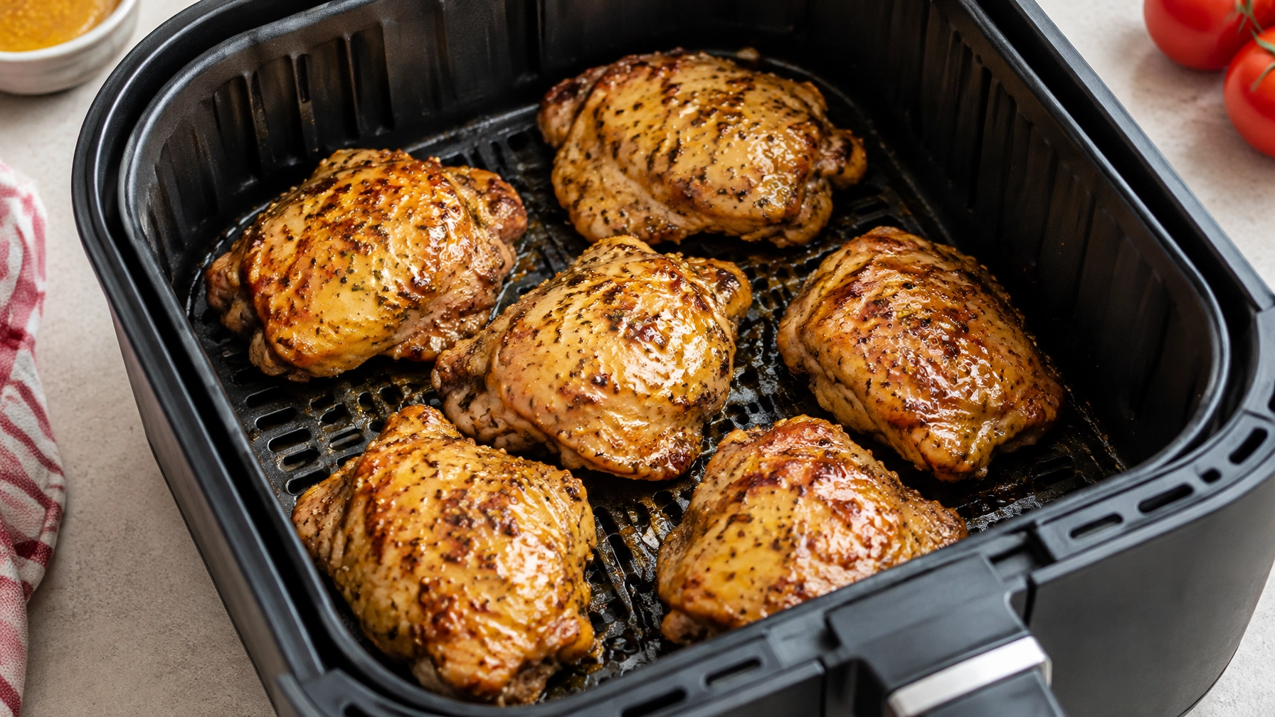 Honey mustard chicken thighs arranged in a single layer in an air-fryer basket