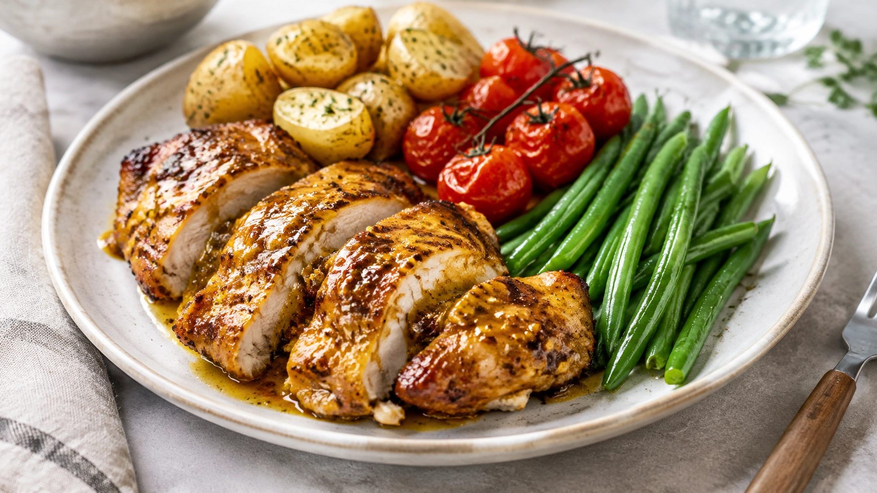 Sliced honey mustard chicken thighs served with green beans, cherry tomatoes and potatoes