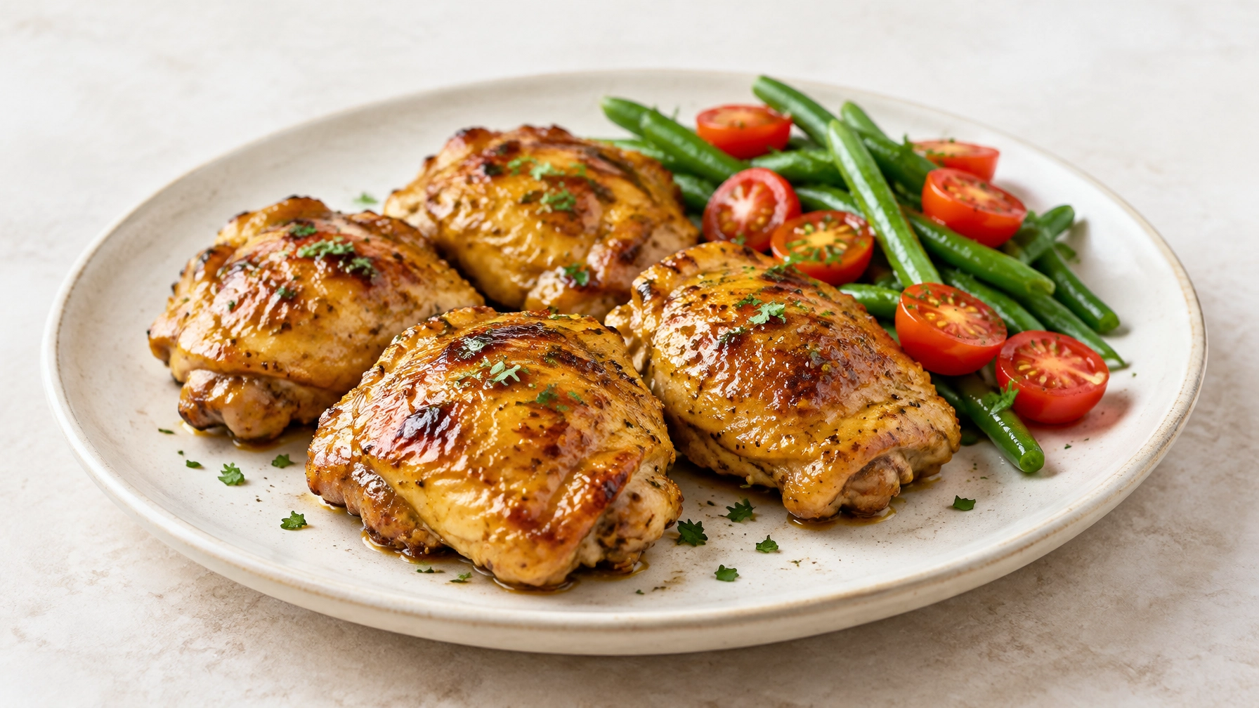 Golden honey mustard chicken thighs on a cream plate with green beans and cherry tomatoes