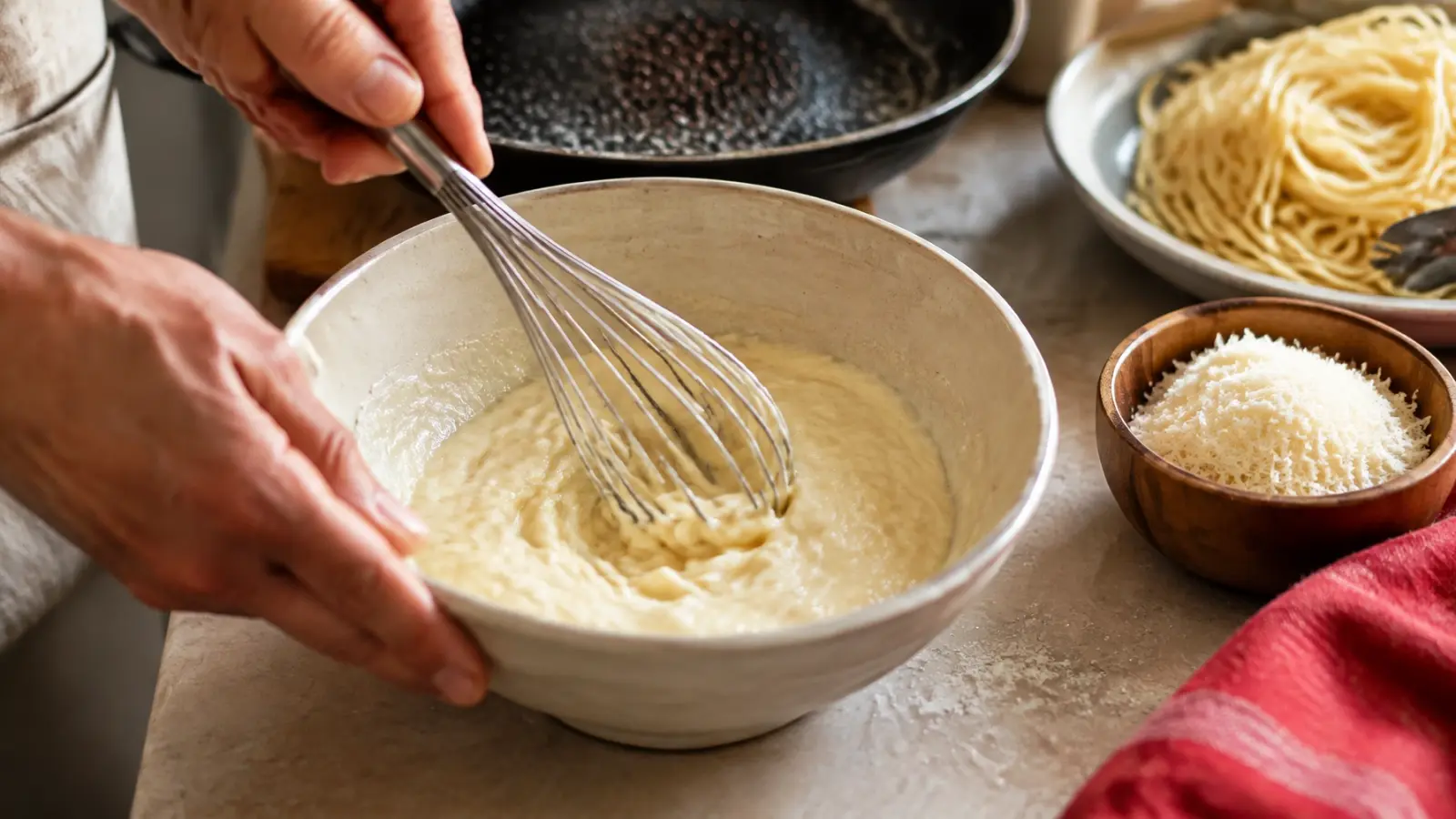 Pecorino Romano whisked with warm pasta water into a smooth sauce
