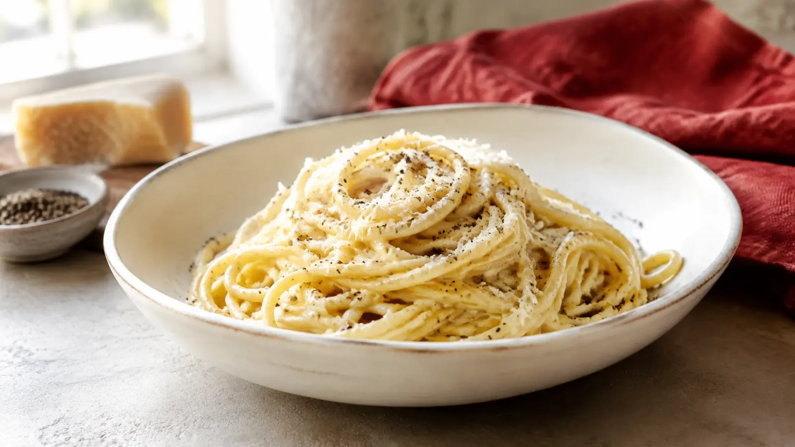 A bowl of glossy cacio e pepe spaghetti with Pecorino Romano and black pepper