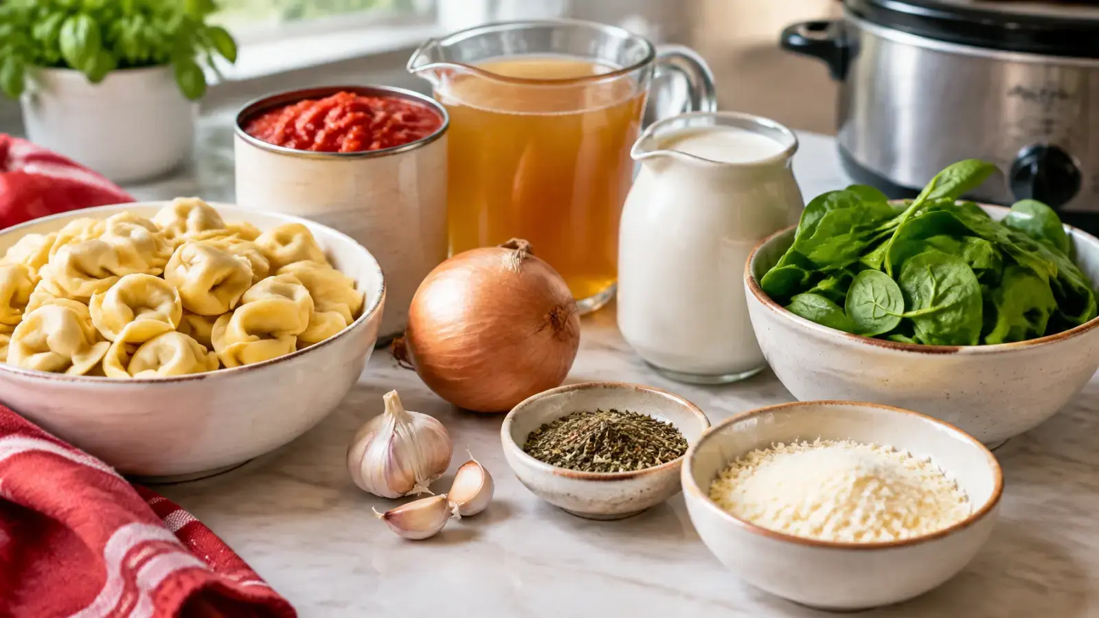 Ingredients for creamy tortellini soup arranged on a kitchen counter
