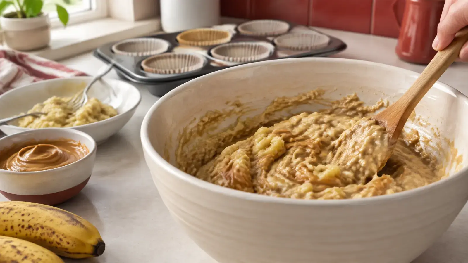 Peanut butter banana muffin batter being mixed in a ceramic bowl