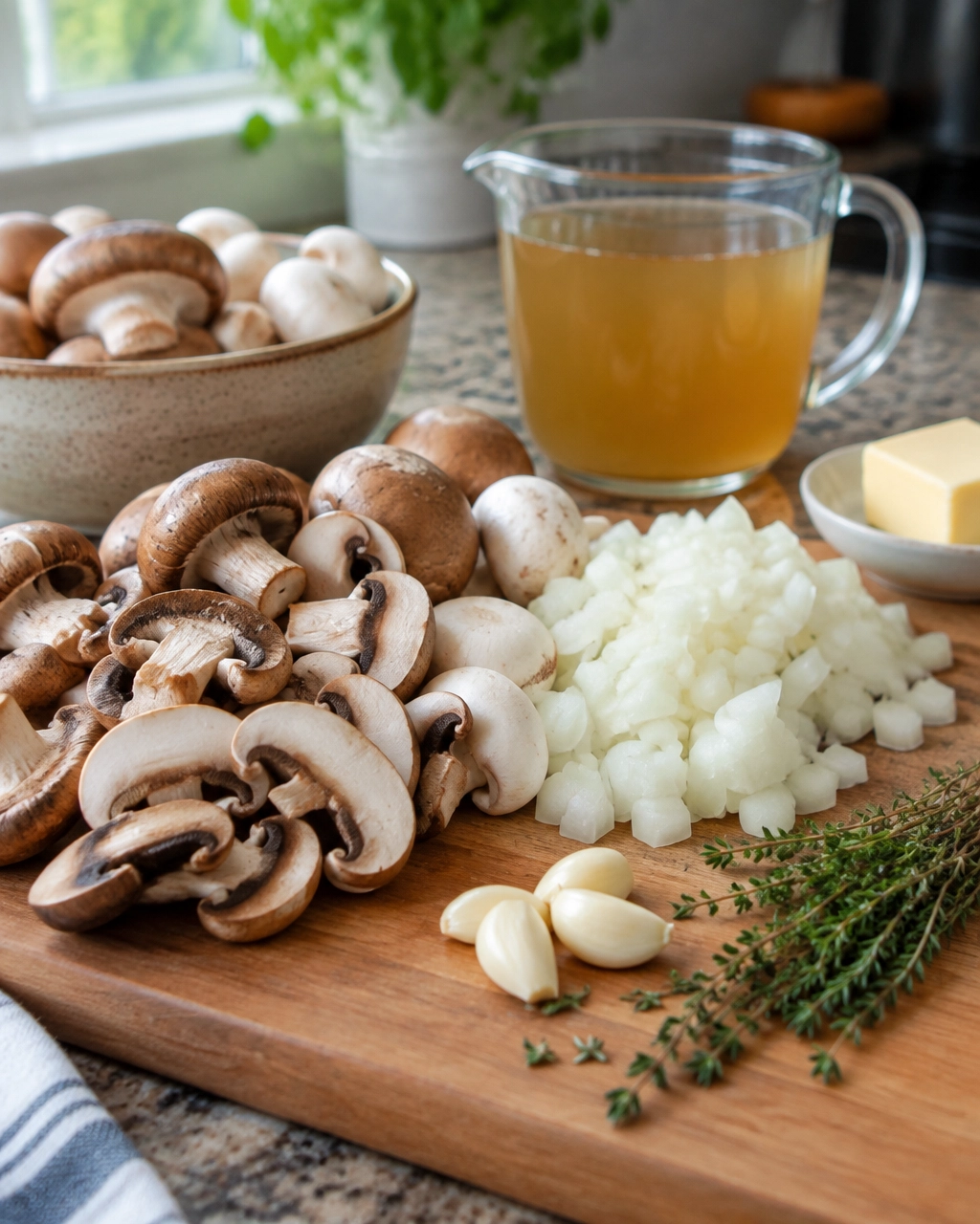 Fresh mushrooms, onion, garlic and thyme prepared for creamy mushroom soup