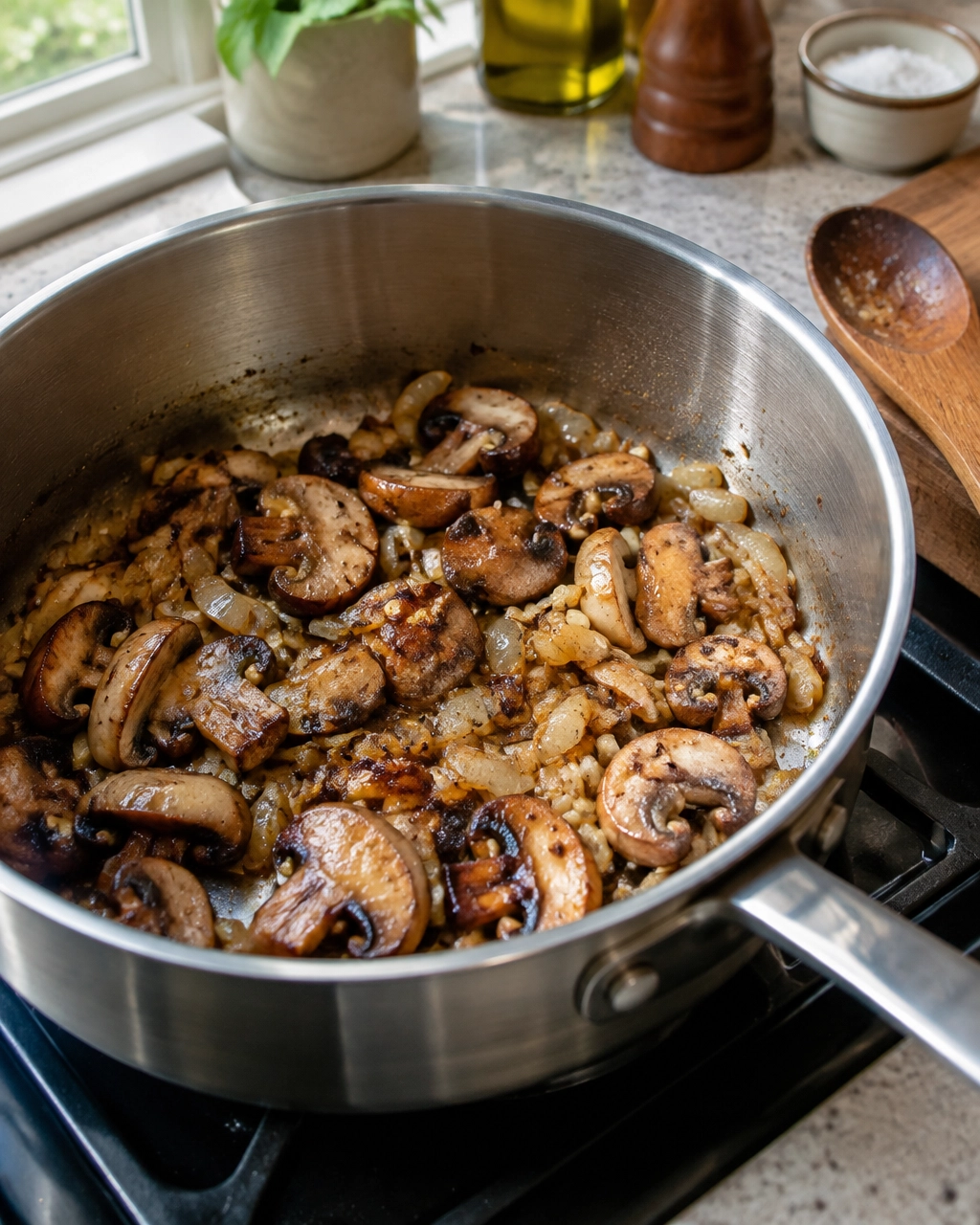 Mushrooms browning with onion and garlic in a saucepan
