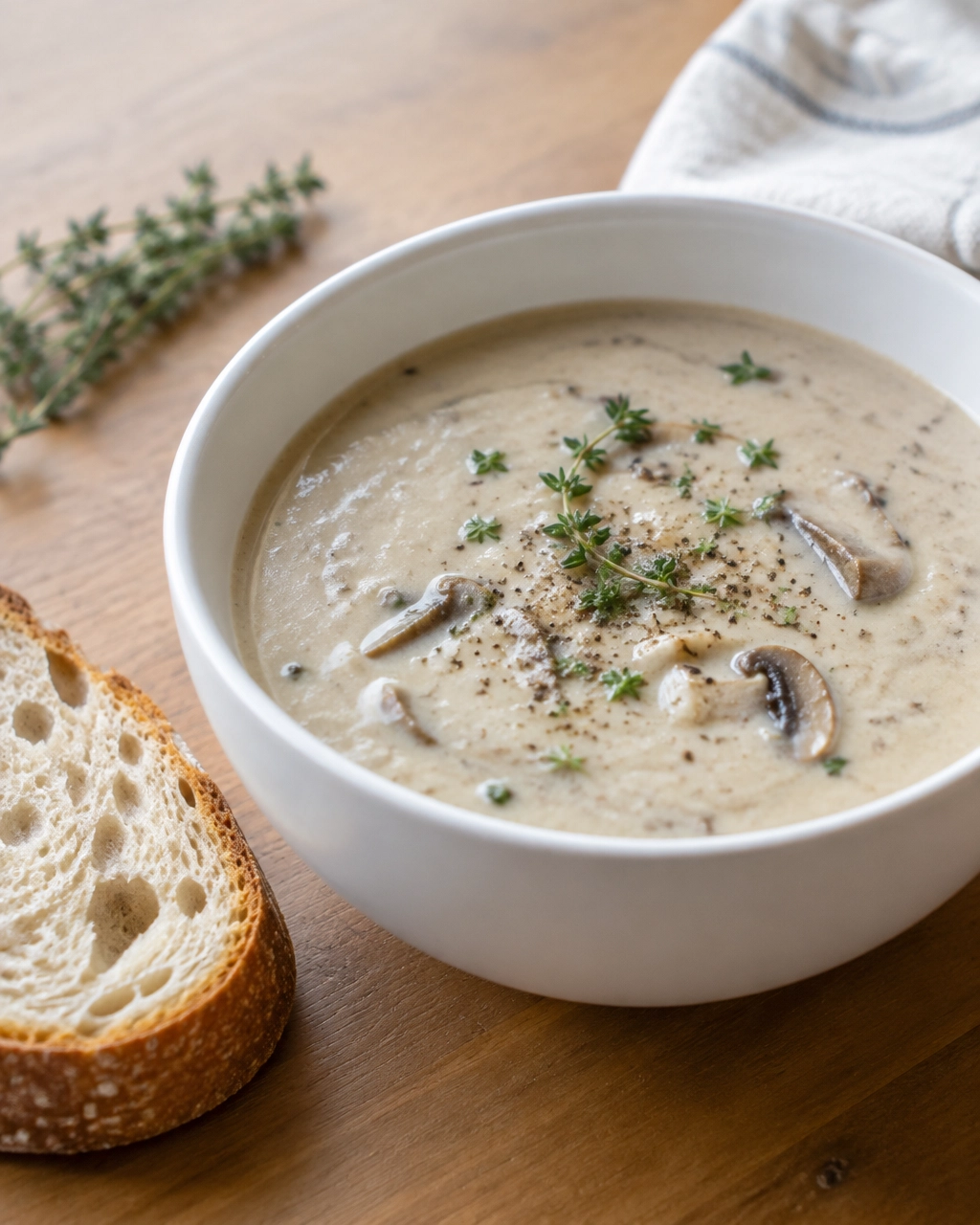 Finished creamy mushroom soup served with thyme and crusty bread