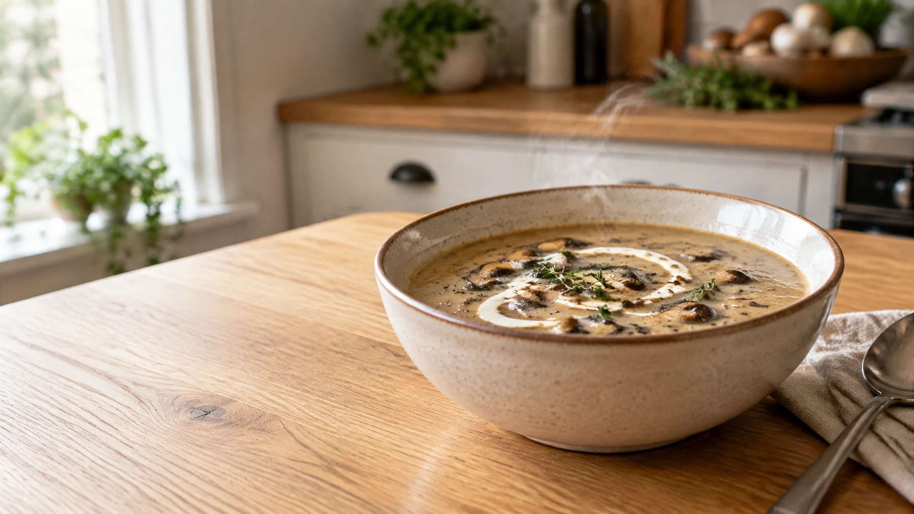 Bowl of creamy mushroom soup with thyme and sliced mushrooms on a kitchen table