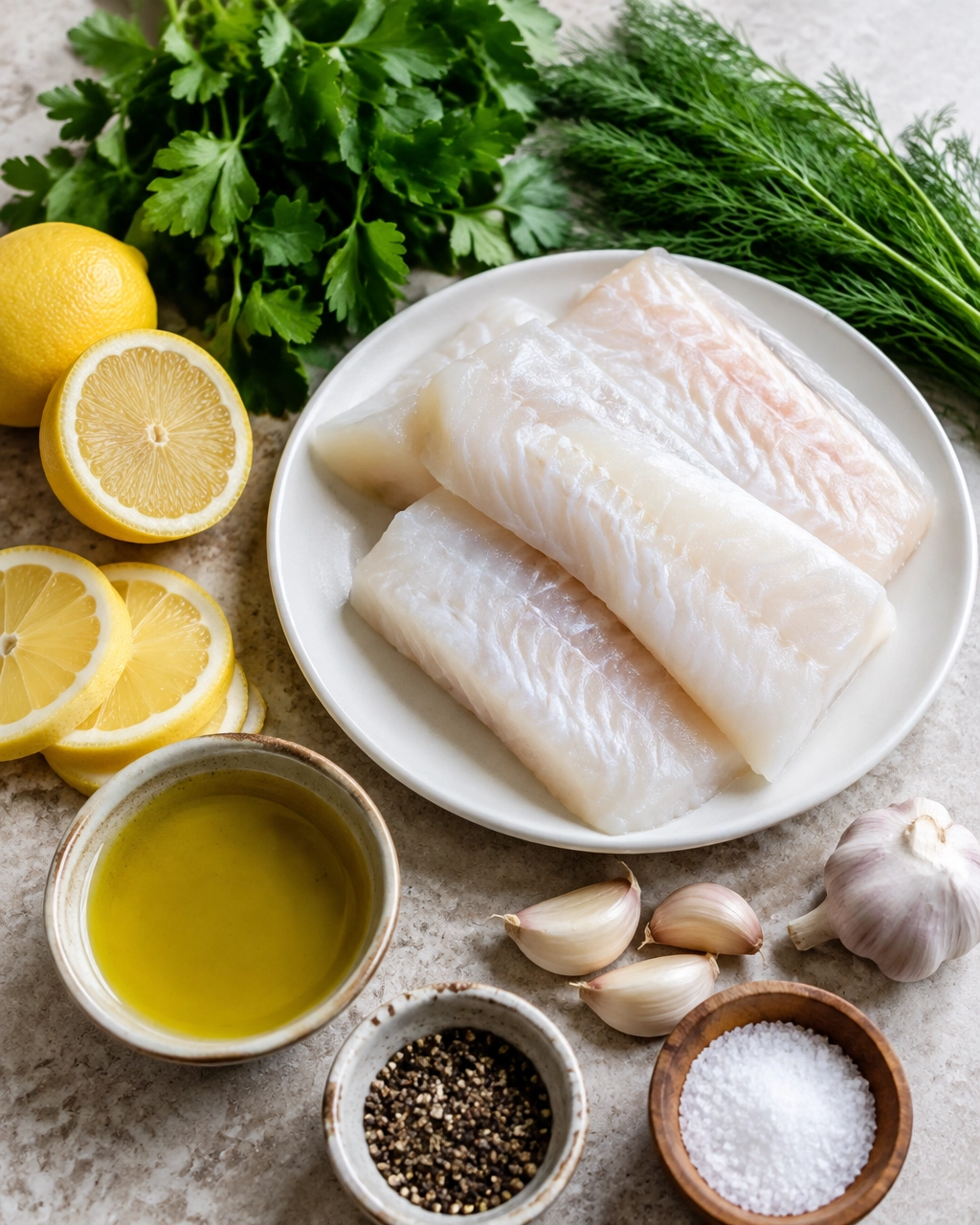 Cod fillets and fresh lemon-herb ingredients arranged on a kitchen counter