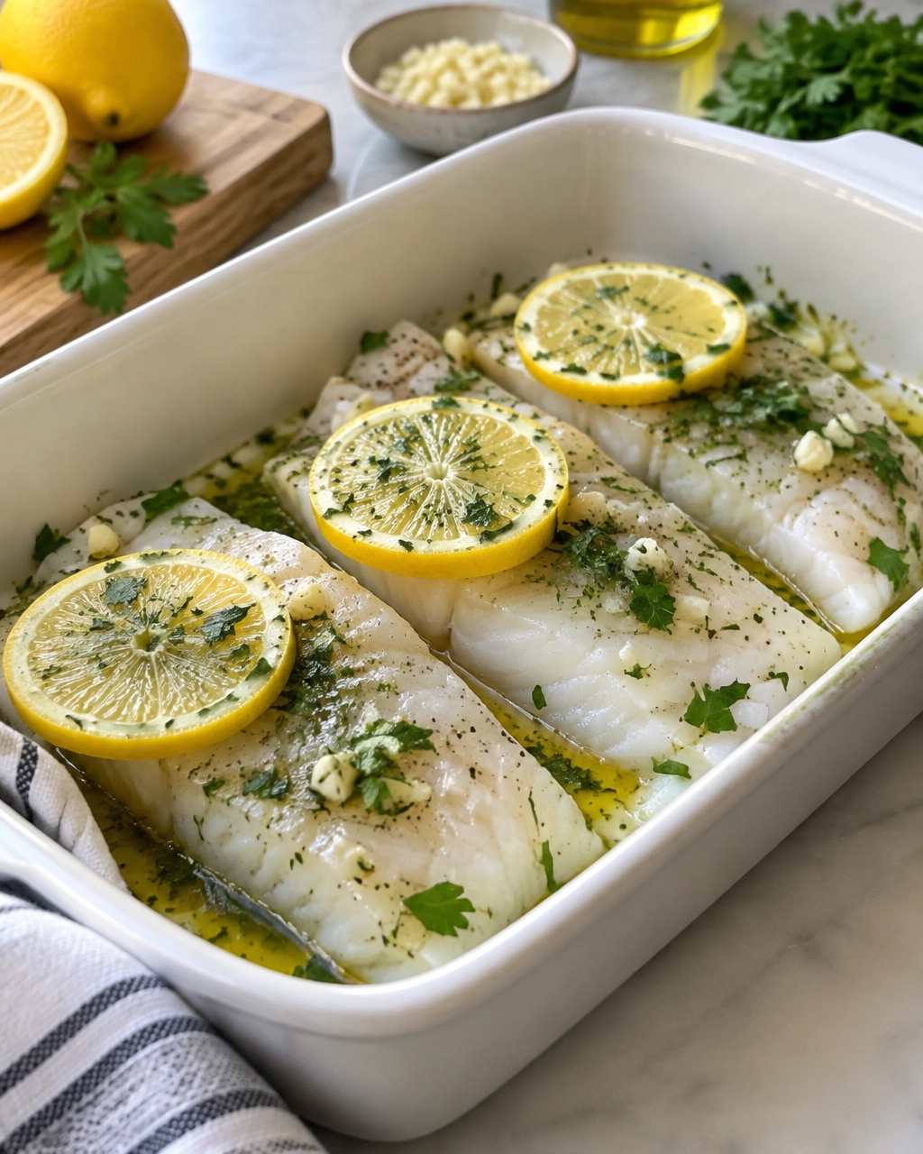 Cod fillets coated with lemon, garlic, olive oil and herbs before baking