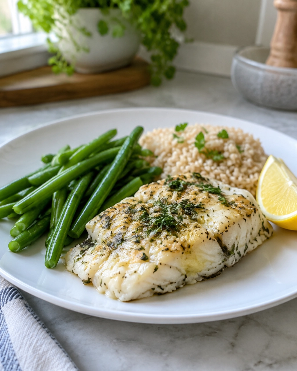 Finished baked cod with lemon and herbs served with green beans and brown rice