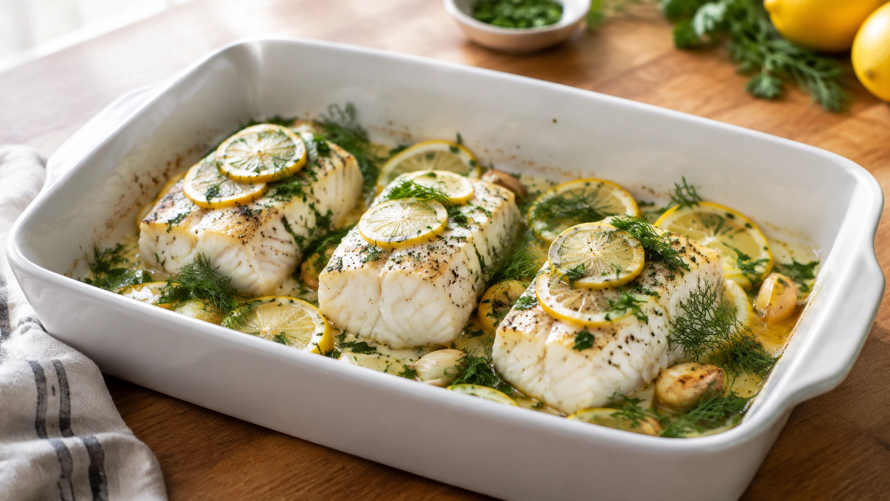 Baked cod fillets with lemon slices, garlic, parsley and dill in a white baking dish