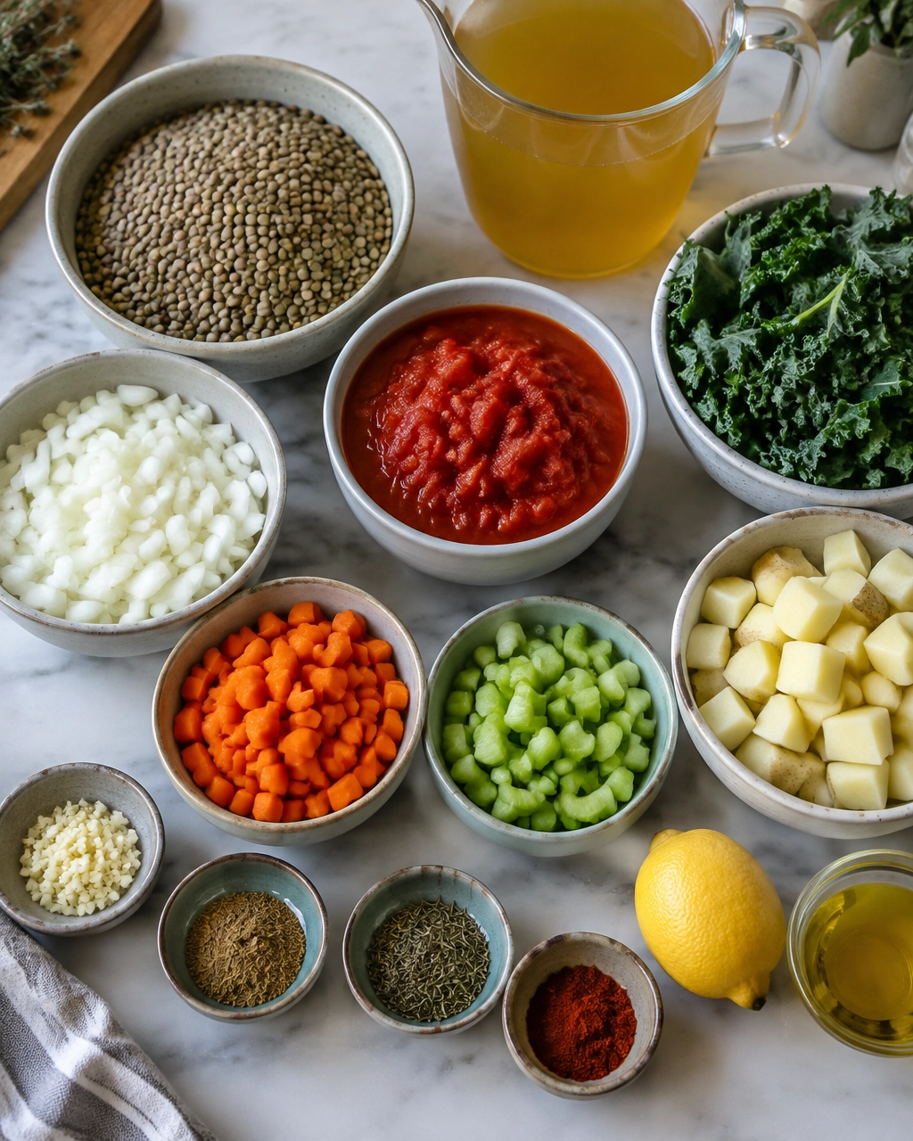 Measured ingredients for vegan lentil soup arranged on a kitchen counter