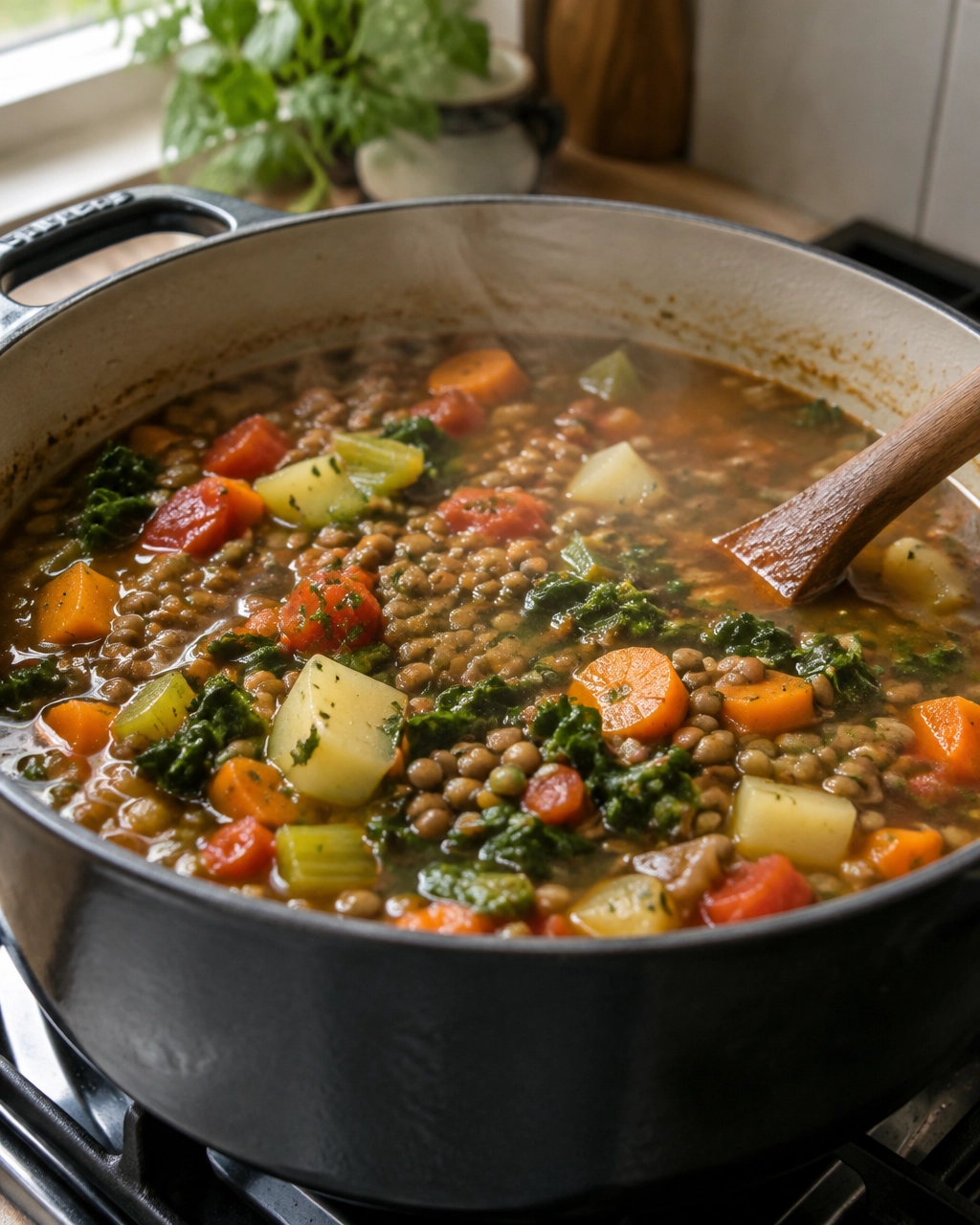 Vegan lentil soup simmering in a heavy pot with vegetables and greens