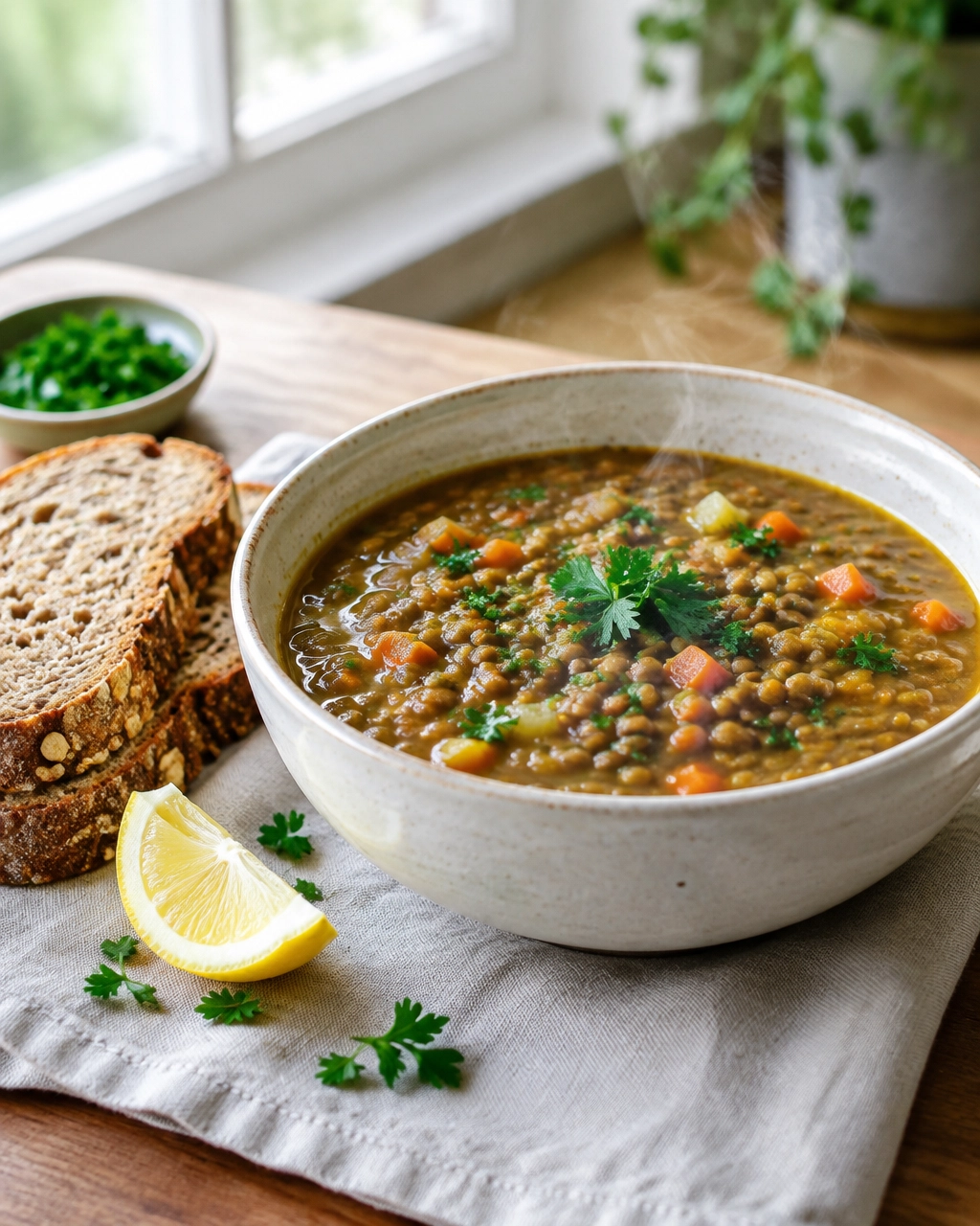 Finished vegan lentil soup served with rustic bread, lemon and parsley