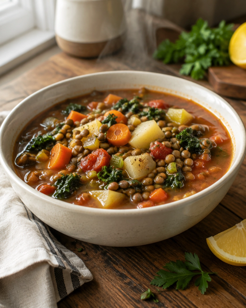 Bowl of hearty vegan lentil soup with vegetables, kale, parsley and lemon