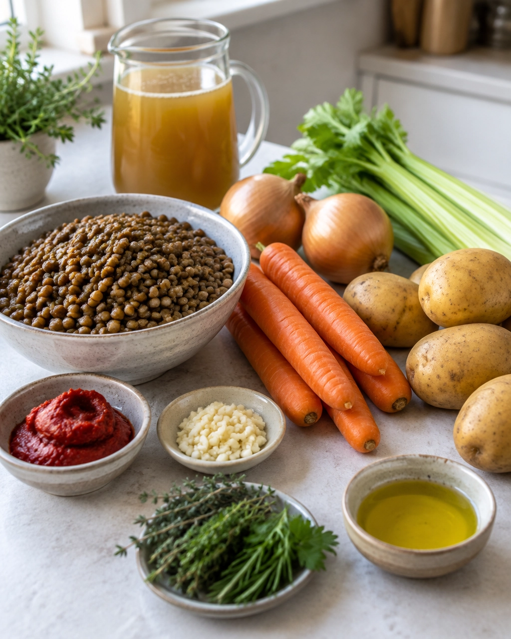 Lentil shepherd's pie ingredients arranged on a light kitchen worktop