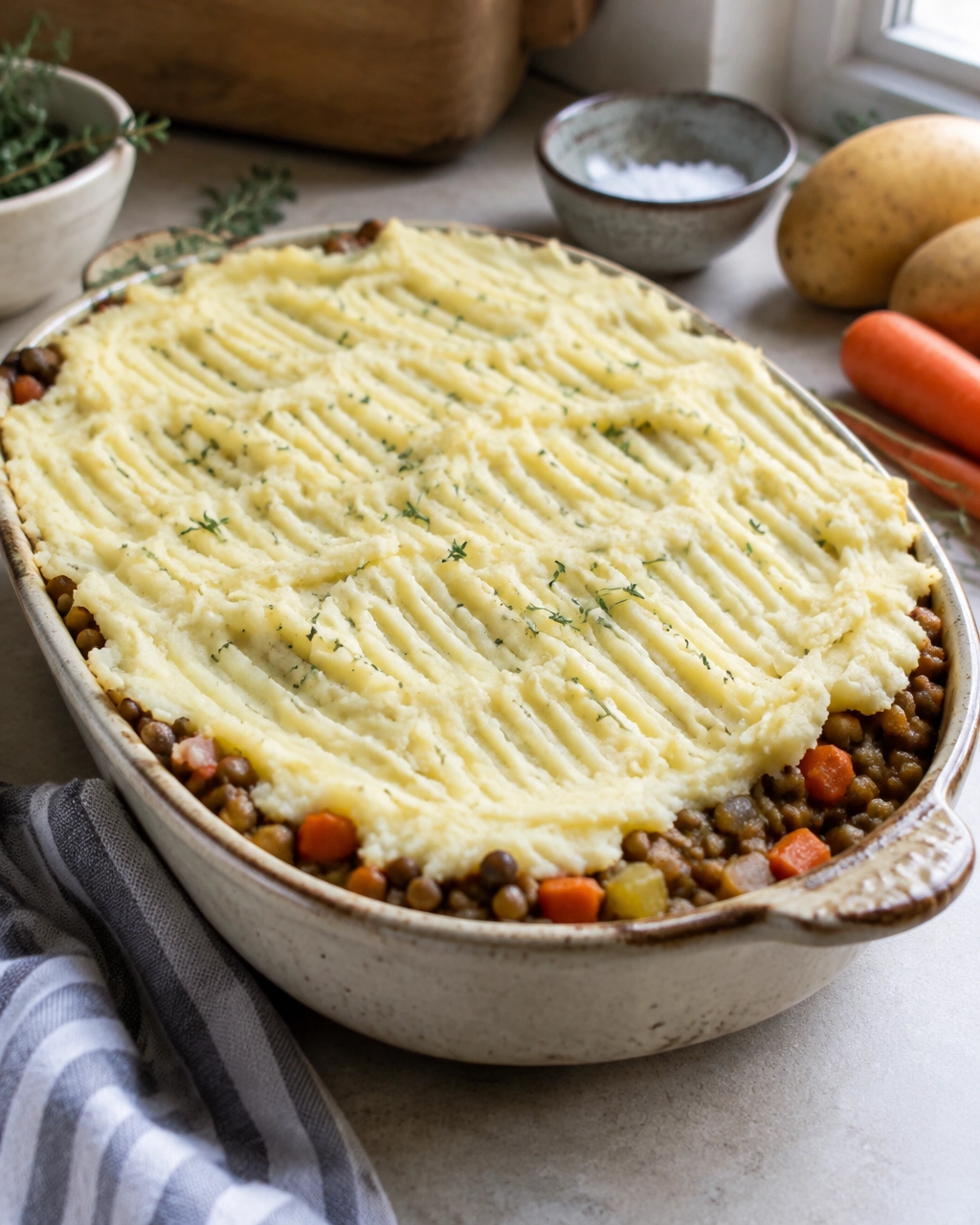Unbaked vegan lentil shepherd's pie with fork-ridged mashed potato topping