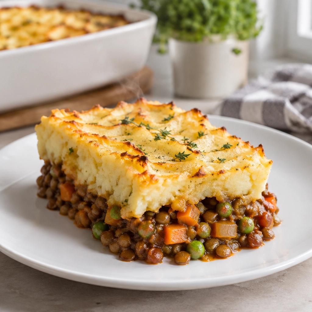 Plated vegan lentil shepherd's pie showing the golden potato crust and hearty filling