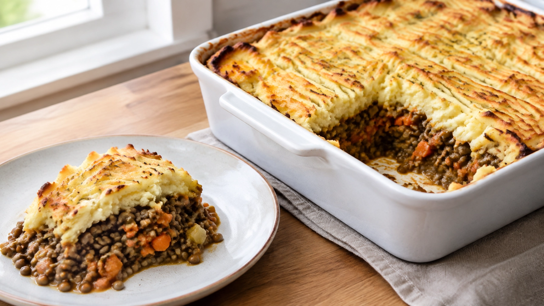 Golden vegan lentil shepherd's pie with creamy mashed potato topping in a ceramic baking dish