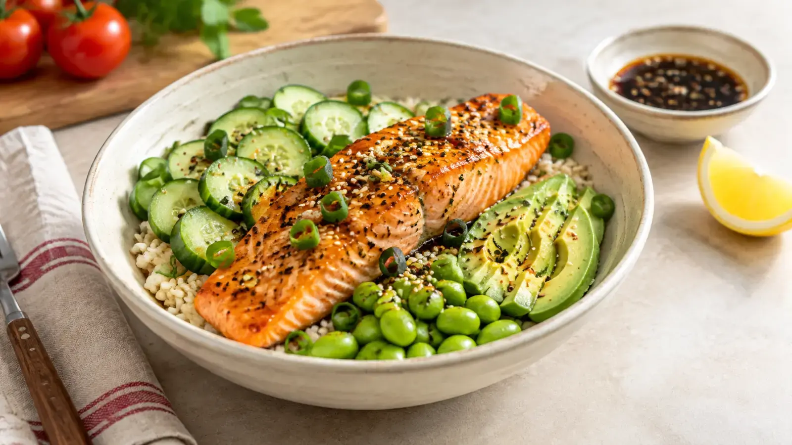Finished salmon rice bowl served with vegetables and sesame