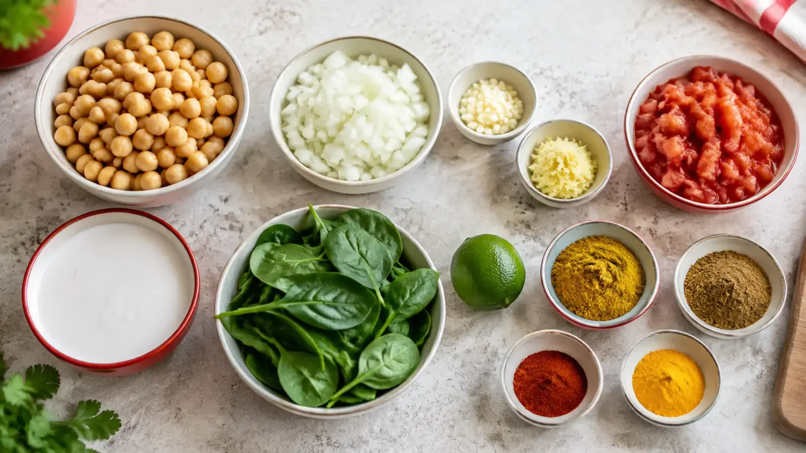 Ingredients for vegan chickpea curry arranged on a light kitchen worktop