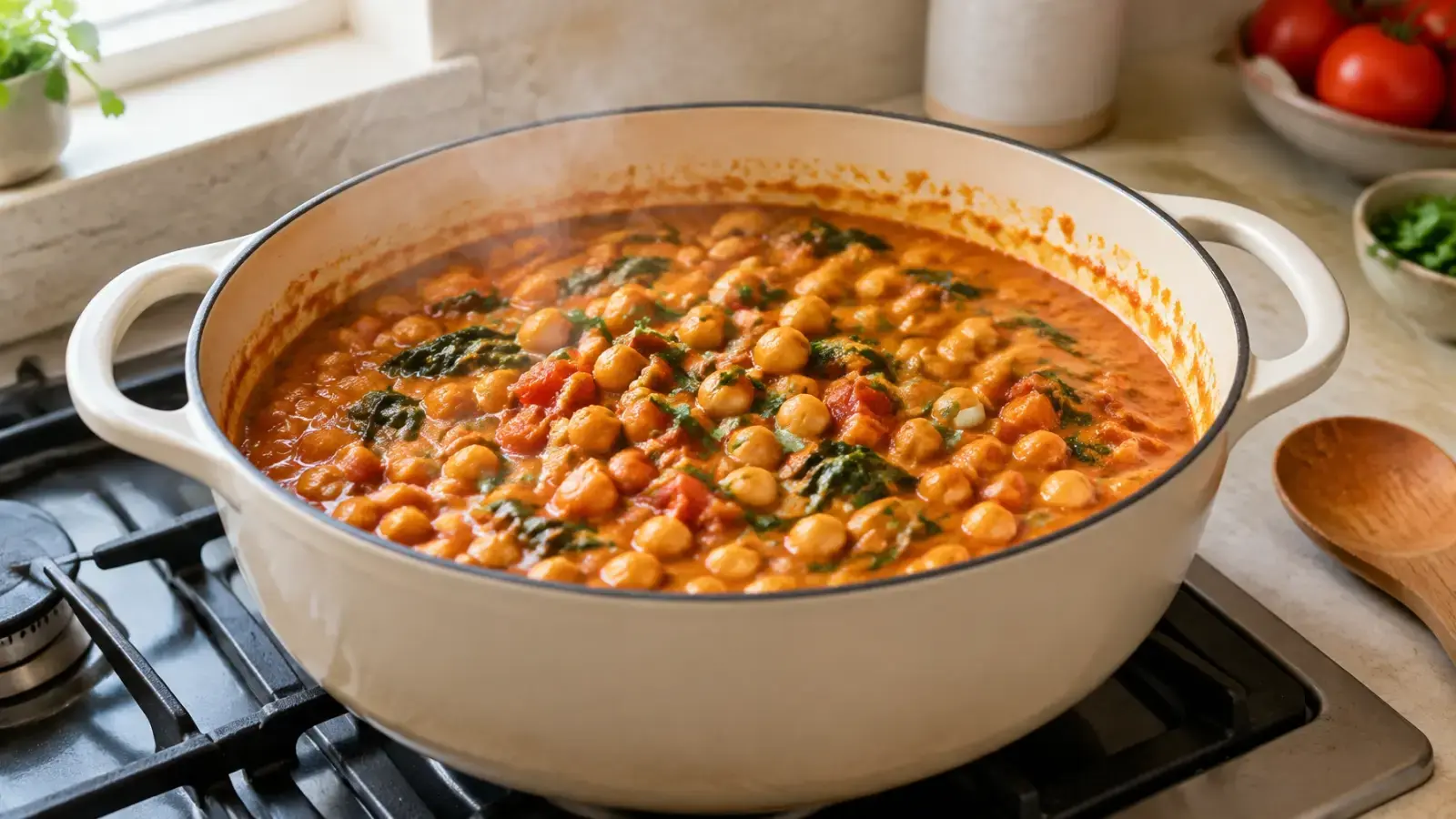 Vegan chickpea curry simmering in a cream enamel saucepan