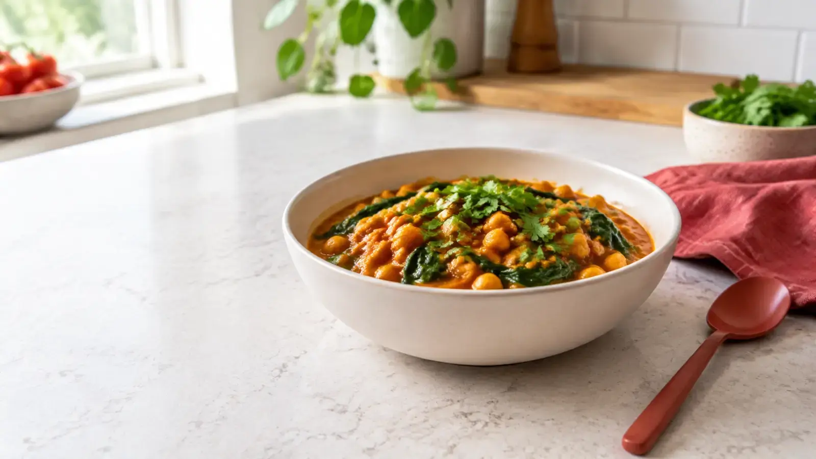 Creamy vegan chickpea curry in a ceramic bowl with spinach, cilantro, and tomato-rich coconut sauce