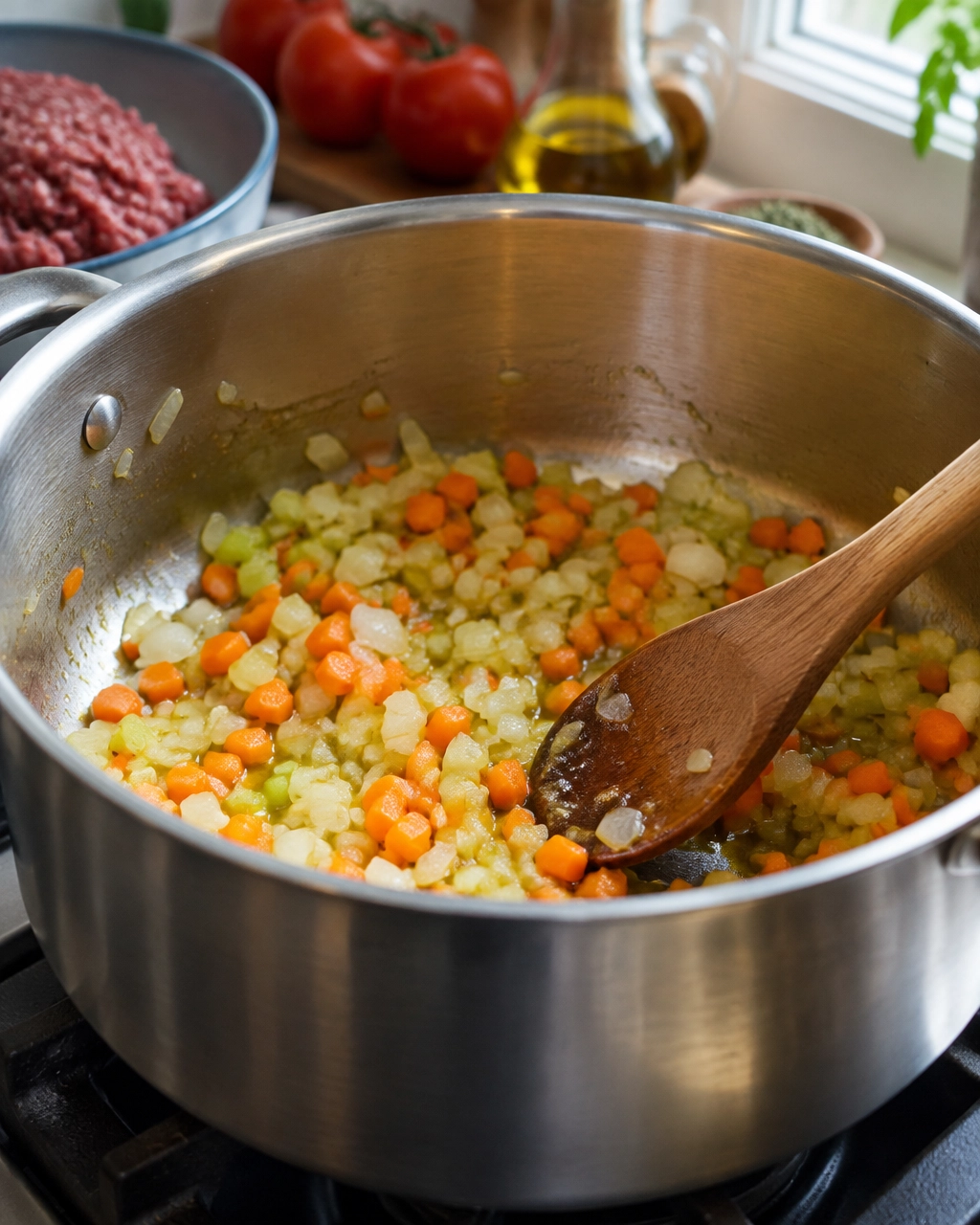 Soffritto vegetables cooking in a saucepan for homemade Bolognese