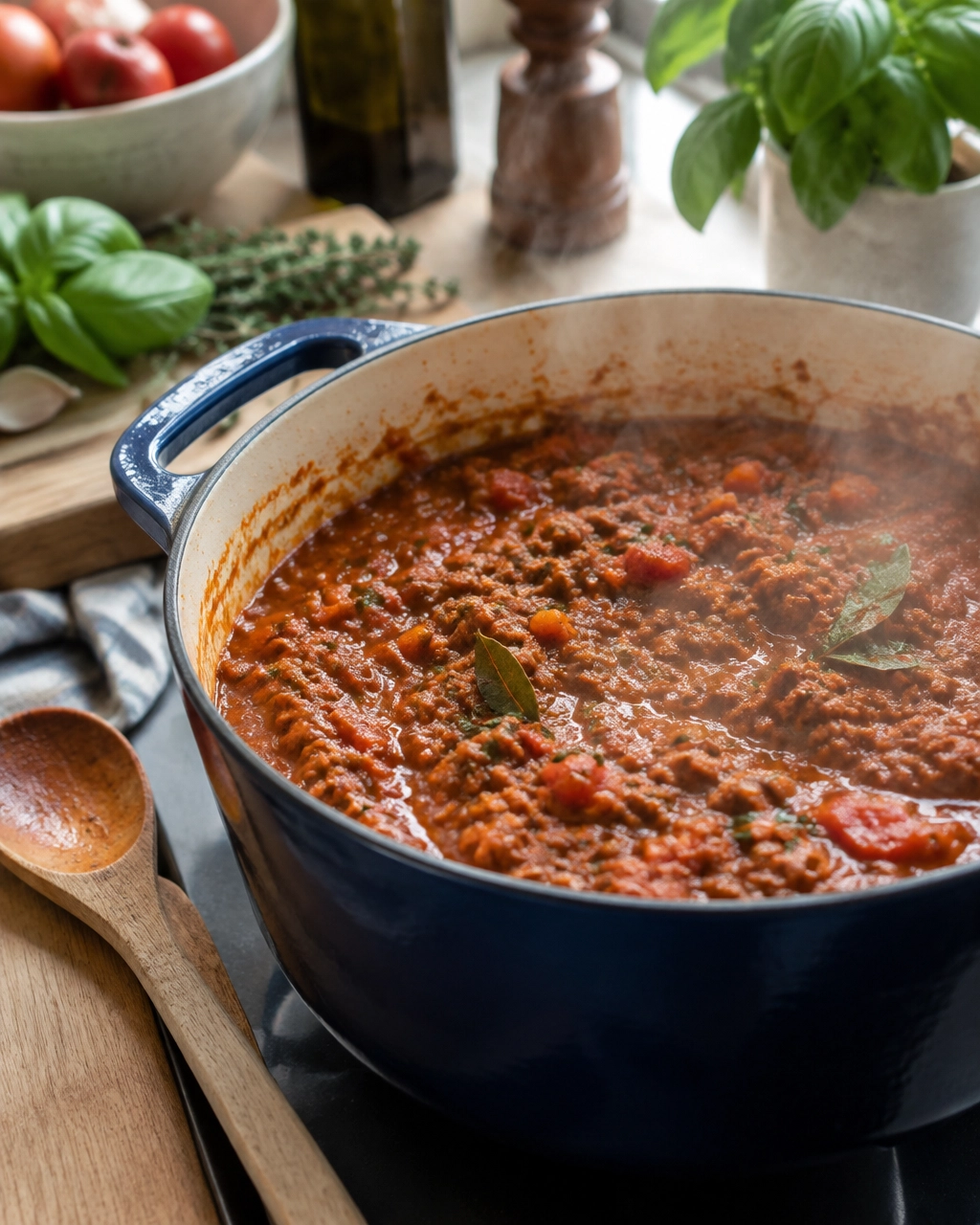 Rich Bolognese sauce simmering in a saucepan in a real home kitchen